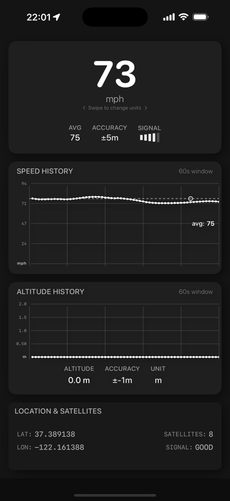Speed Dash - Speed Dash app interface showing real-time GPS speed, speed history graph, and altitude data in dark mode.