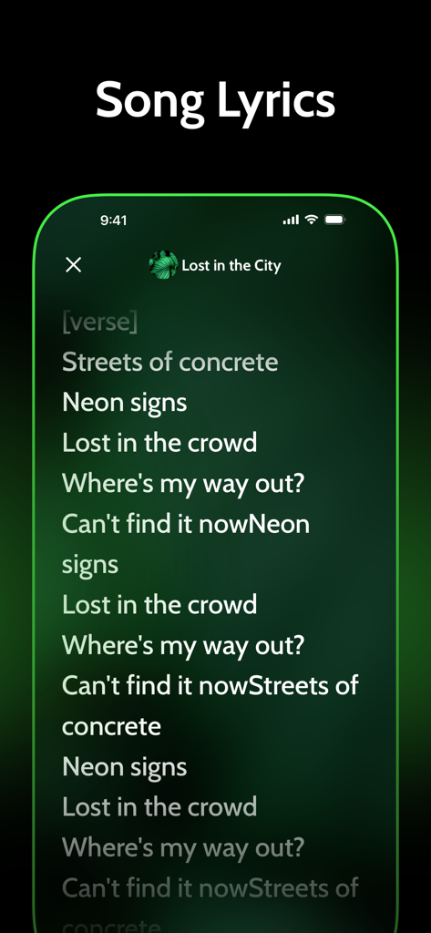 SongMaker-AI app interface showing generated song lyrics titled Lost in the City