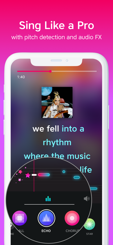 A mobile interface for the Yokee Karaoke app displaying lyrics and audio effect settings like echo and chorus.