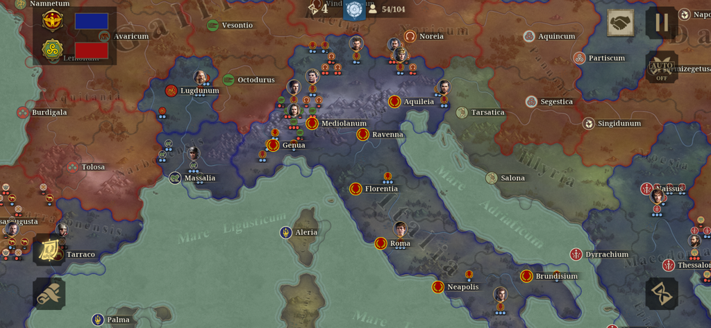 Great Conqueror: Rome - Strategic map of the Roman Republic in Great Conqueror Rome showing territories and troop deployments