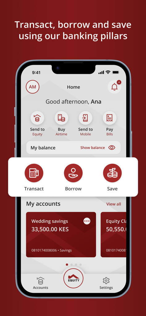 Equity Mobile app home screen displaying banking pillars for transacting borrowing and saving