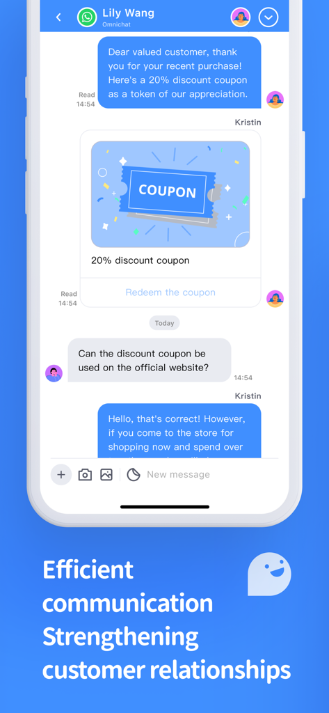 Omnichat - Interface do aplicativo Omnichat mostrando um chat de negócios com um cliente recebendo um cupom de 20% de desconto