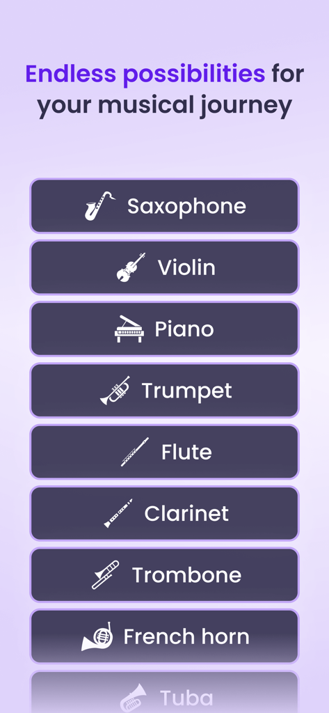 A menu showing a selection of musical instruments available for lessons including saxophone violin and piano