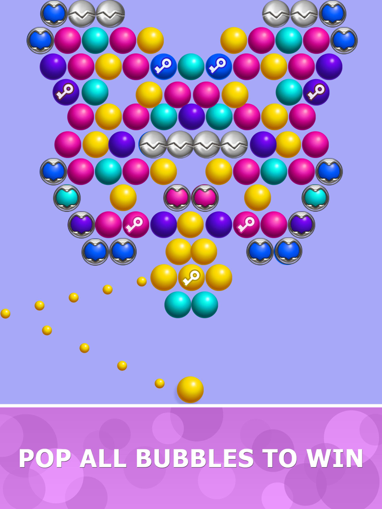 A colorful bubble shooter puzzle level in Bubblez Magic Bubble Quest HD for iPad with the text pop all bubbles to win