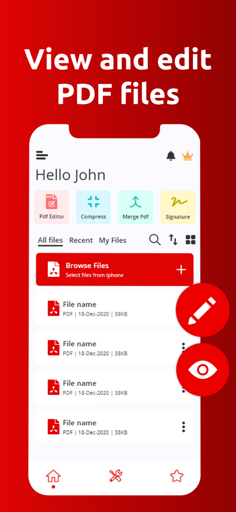PDFリーダーアプリのインターフェース。書類管理機能とクイックアクションツールを表示しています。