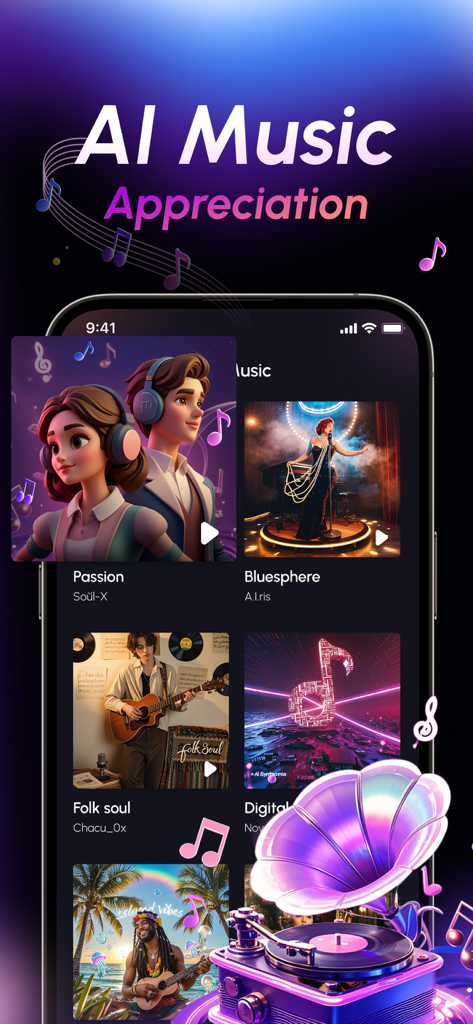 Mobile app interface titled AI Music Appreciation featuring various music style tiles and a colorful 3D gramophone.