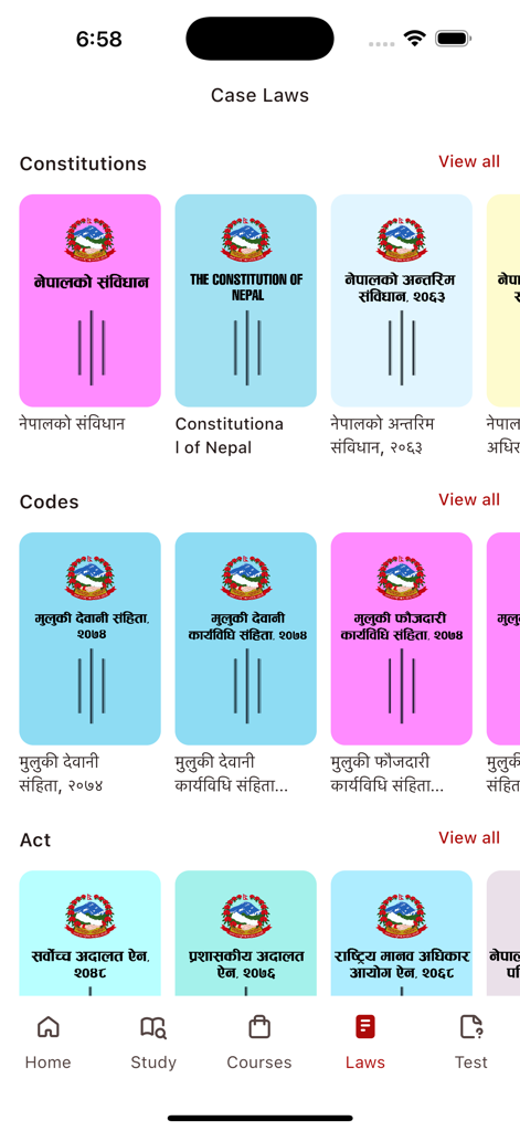Lex Nepal - Institute of Law - The Lex Nepal app Laws screen showing a library of Nepali constitutions, codes, and legal acts.