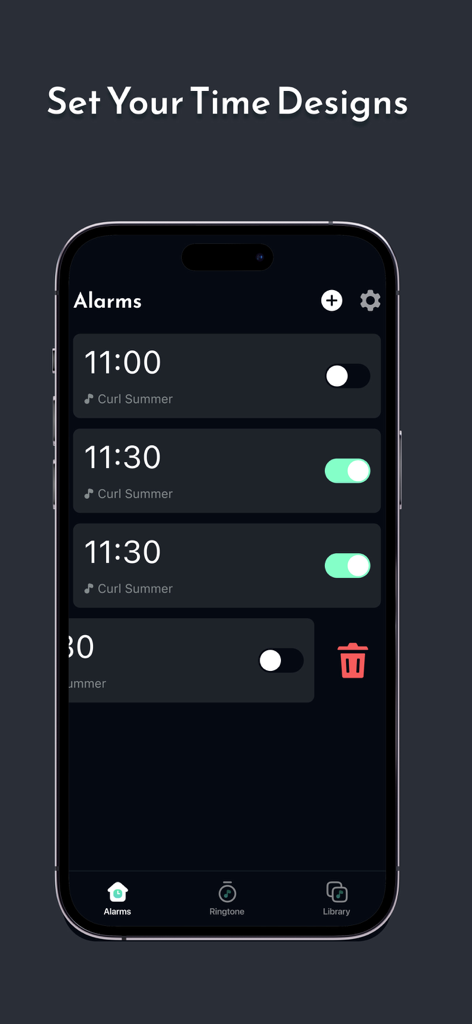 Screenshot of Musico Vision app interface showing a list of customized music alarms on an iPhone.