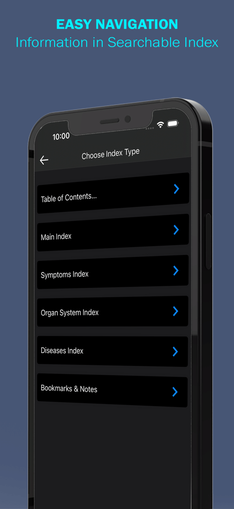 Un smartphone que muestra el menú de navegación de la Herramienta de Bolsillo MobileDDx DDx con índices de búsqueda de síntomas, sistemas de órganos y enfermedades.