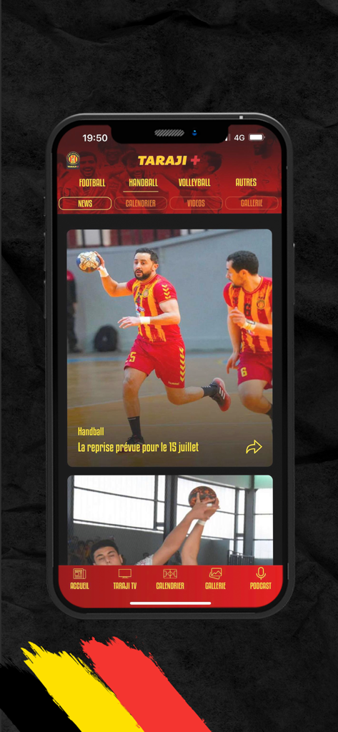 Taraji + - L'application Taraji plus affichant des actualités de handball avec un joueur en action sur une interface à thème rouge et or.
