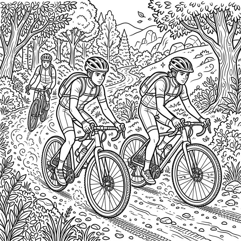 Embark on an epic journey with this coloring page featuring teen gravel cyclists in action. Perfect for young adventurers, this dynamic design captures the excitement of off-road biking.