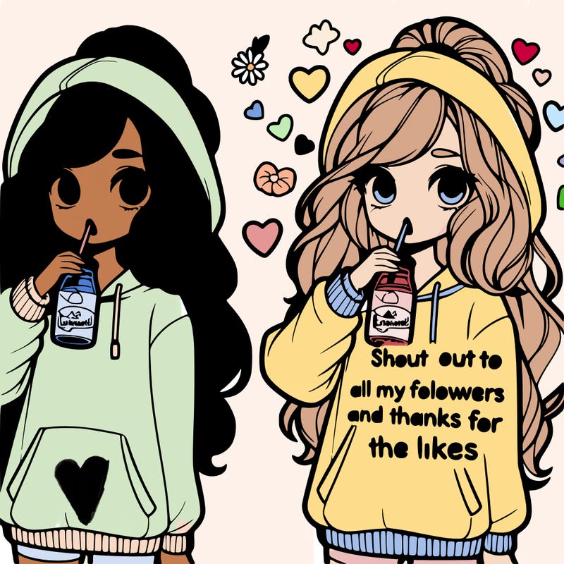 cute girl wearing a oversized hoodie drinking lemonade, long wavy high ponytail looking at a sign that says 'shout out to all my followers and thanks for the likes'