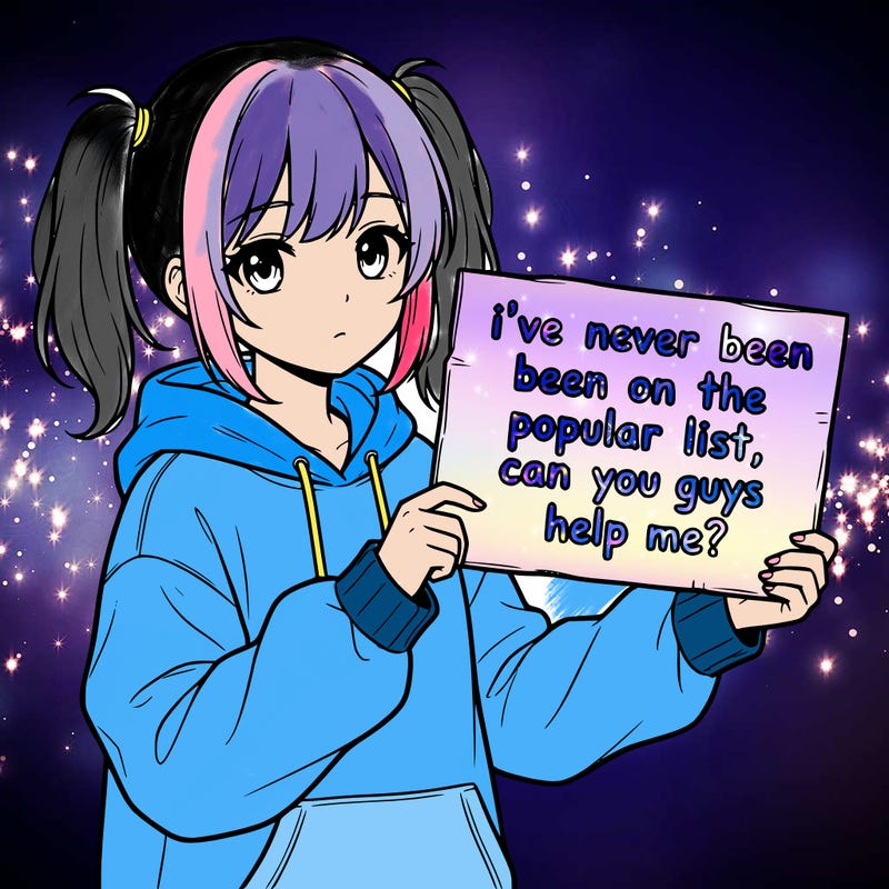 a cute anime girl with a sign saying  i’ve never been on the popular list, can you guys help me?