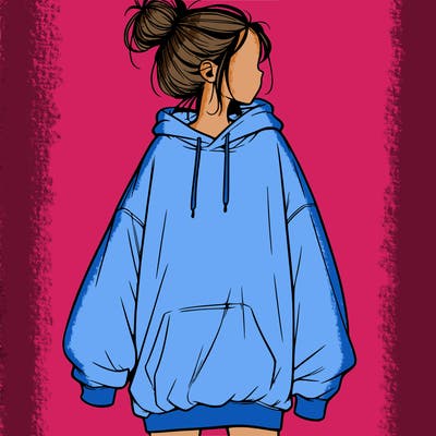 realistic girl with a oversized sweatshirt on and a bun