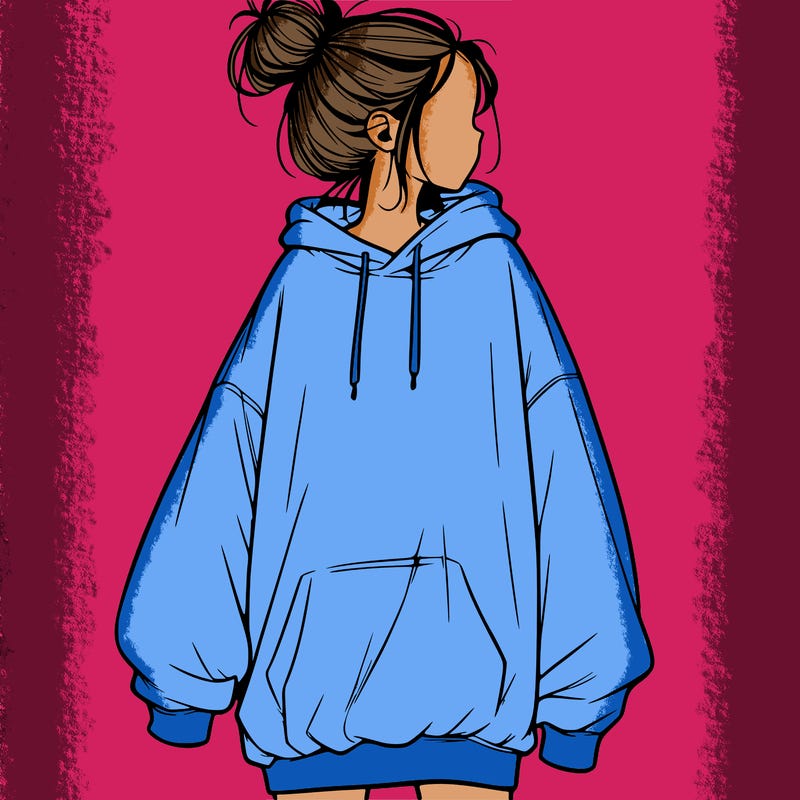 realistic girl with a oversized sweatshirt on and a bun