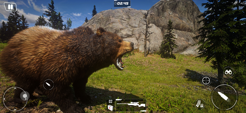 Deer Hunter Hunting Simulator - A roaring grizzly bear in a mountain landscape in the Deer Hunter Hunting Simulator game