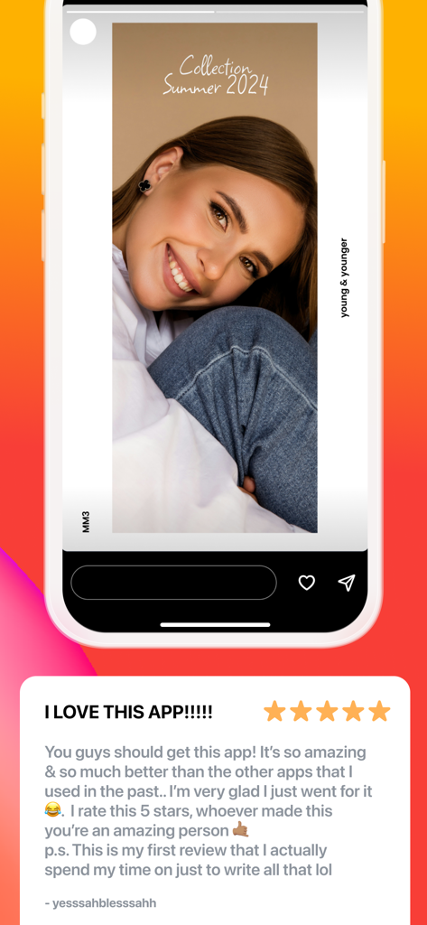 Repost Posts Videos: RepostMax - A five star user review for the RepostMax app next to a stylish social media story template featuring a smiling woman