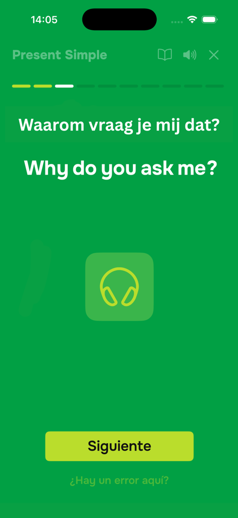 English Grammar: Gramaro - Écran de l'application Gramaro montrant un exercice de grammaire anglaise au Présent Simple avec traduction de phrases et icône audio