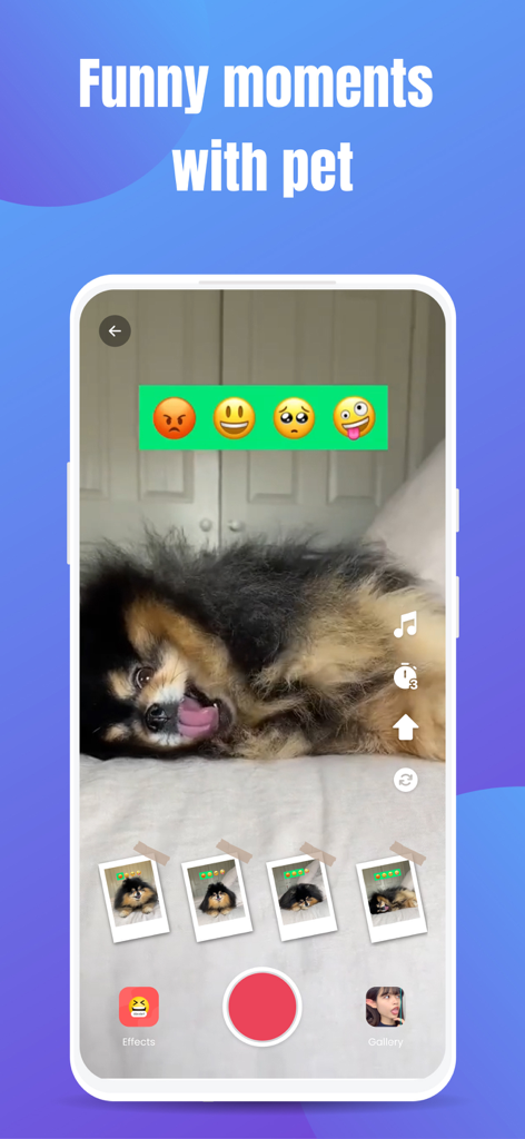 Emoji Challenge: Funny Filters - Emoji Challenge app screen showing a dog imitating emojis
