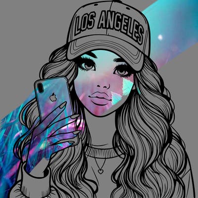 realistic beautiful girl wearing los ángeles cap holding an iphone