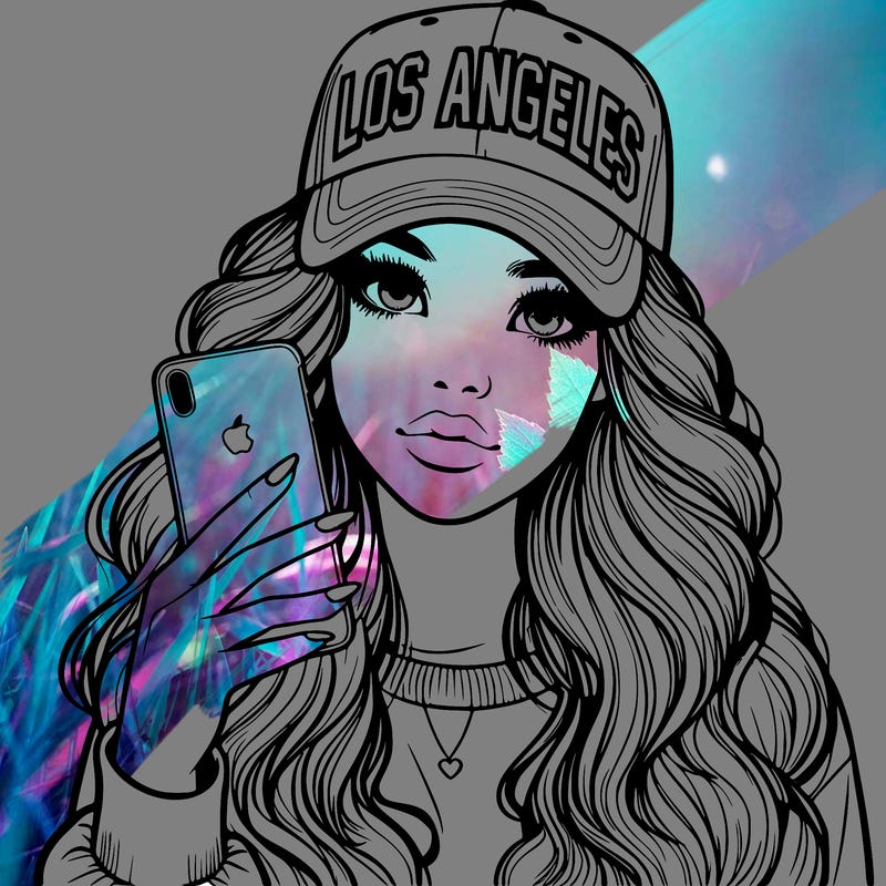 realistic beautiful girl wearing los ángeles cap holding an iphone