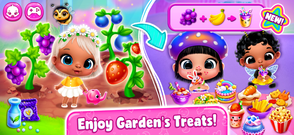 Giggle Babies - Toddler Care - Giggle Babies characters harvesting fruit in a garden and eating various colorful snacks and treats
