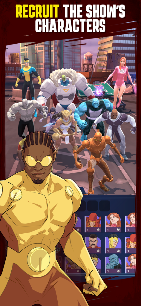 Invincible: Guarding the Globe - A lineup of iconic heroes from the Invincible series with the text Recruit the Shows Characters