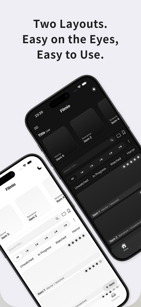 Filmio app interface displaying light and dark mode layout styles