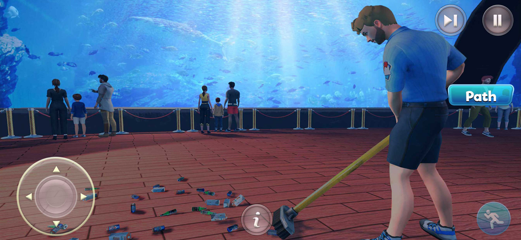 Zoo Keeper Simulator Tycoon 3D - Zookeeper sweeping the floor in front of a large aquarium tank