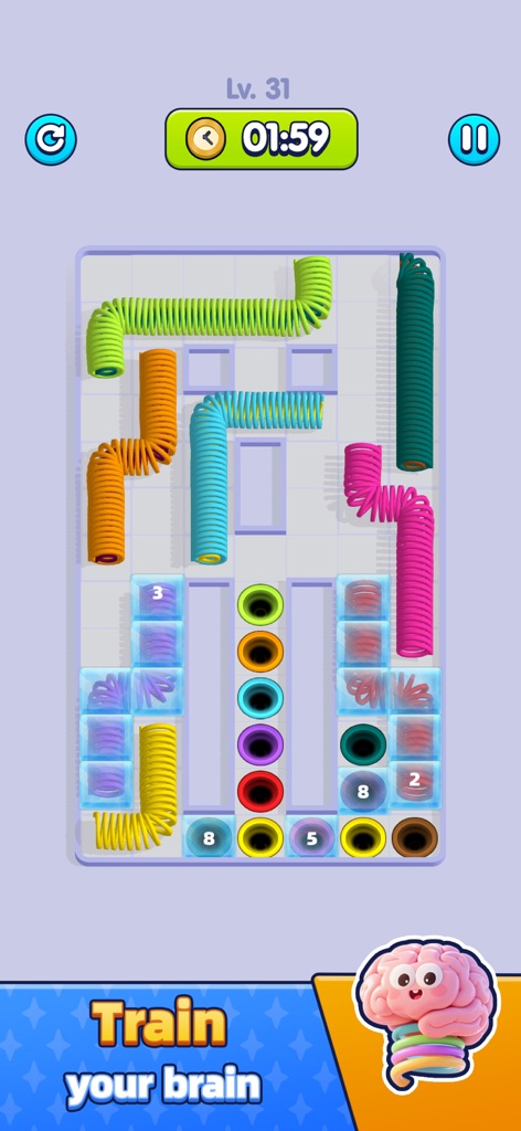 Gameplay of Slinky Go showing colorful springs being sorted into matching holes to train the brain.