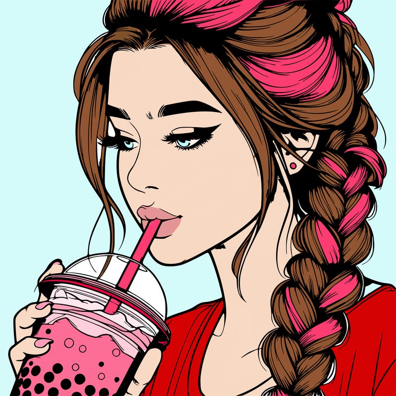 realistic girl drinking boba tea with braided hair