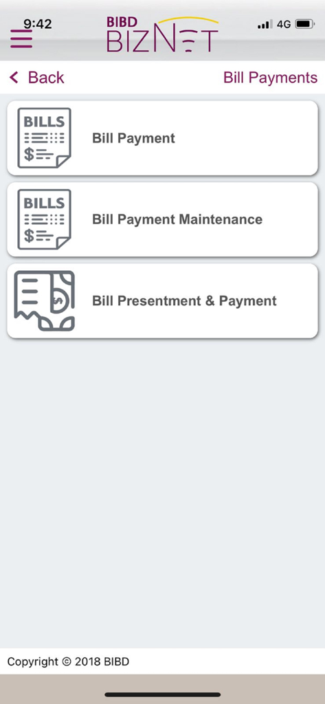 Bill Payments menu of the BIBD Biznet Mobile corporate banking app