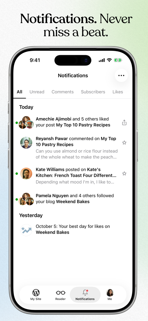 Jetpack for WordPress - A interface de notificações do aplicativo Jetpack para WordPress mostrando curtidas, comentários e seguidores