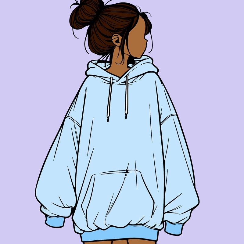 realistic girl with a oversized sweatshirt on and a bun