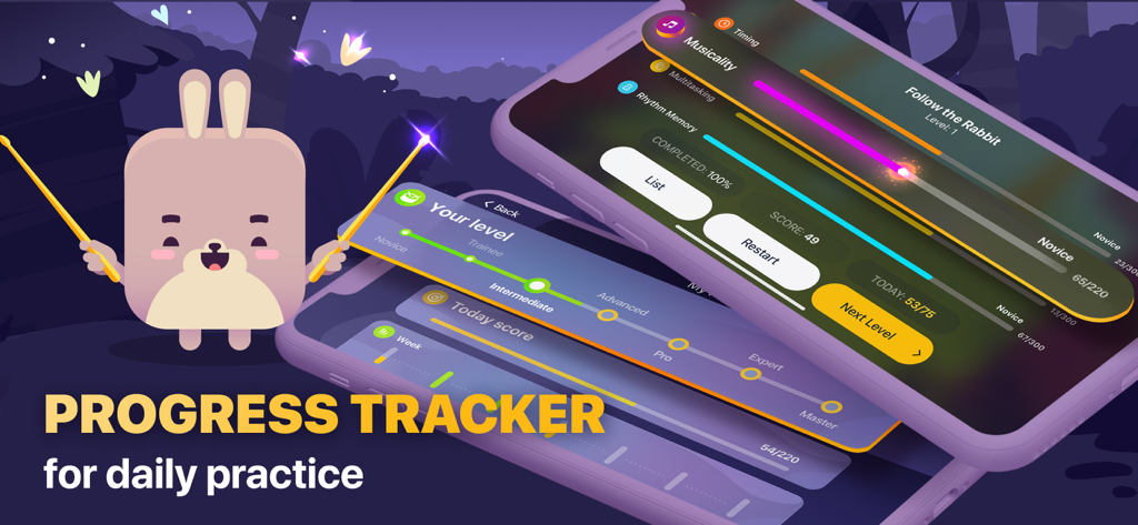 Go Drums: lessons & drum games - Interface of the Go Drums app showing the progress tracker and daily drumming statistics