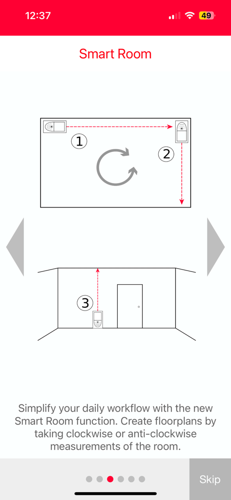 Leica DISTO Plan - An onboarding screen for the Leica DISTO Plan app explaining how to create digital floor plans using the Smart Room feature