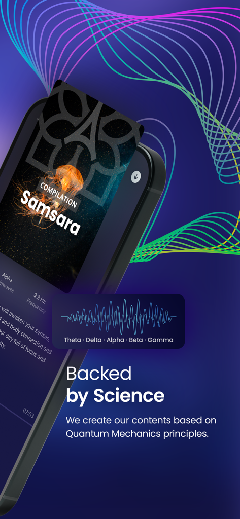 Aloharmony - Interfaz de la aplicación Aloharmony que muestra información científica sobre frecuencias de ondas cerebrales y contenido de meditación.