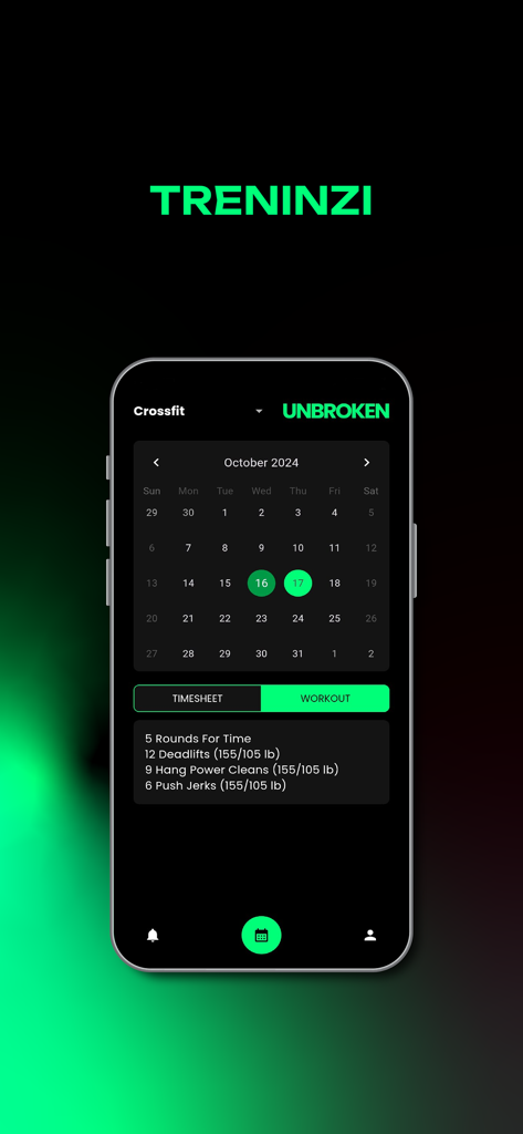 Unbroken.mne - Unbroken mne app interface showing a CrossFit workout of the day and a training calendar.