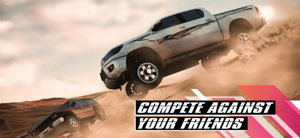 Drift for Life - Deux camions tout-terrain courant et sautant dans le désert avec un texte superposé disant Défiez vos amis.
