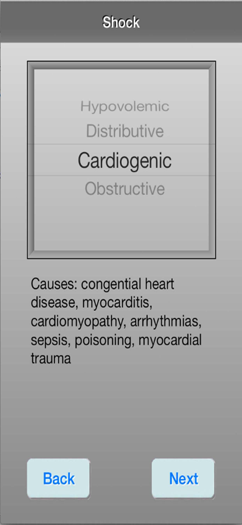 PALS Fast - PALS Fastアプリのショック分類画面。心原性ショックの原因が表示されています。