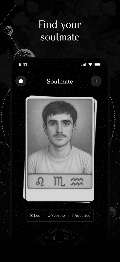 Starla app interface showing a soulmate card with portrait and zodiac signs
