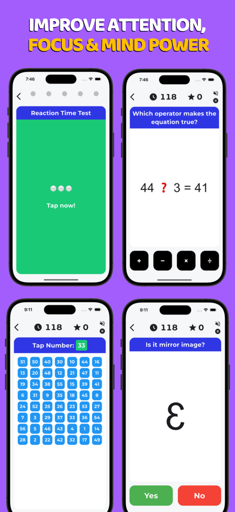 Mind Games: Brain Training Gym - Cuatro capturas de pantalla de la aplicación Mind Games Brain Training Gym que muestran acertijos matemáticos, pruebas de tiempo de reacción y ejercicios de memoria visual para la mejora cognitiva