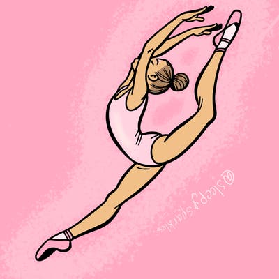 gymnast doing a leap in a leotard with a bent back leg