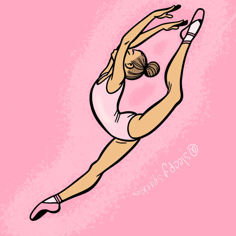 gymnast doing a leap in a leotard with a bent back leg