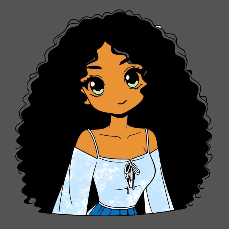 a black anime girl with long afro hair