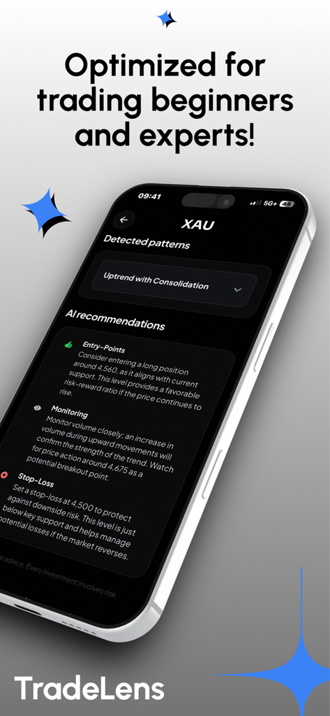 TradeLens: Chart Analysis - TradeLens app interface displaying AI trading recommendations and chart pattern detection