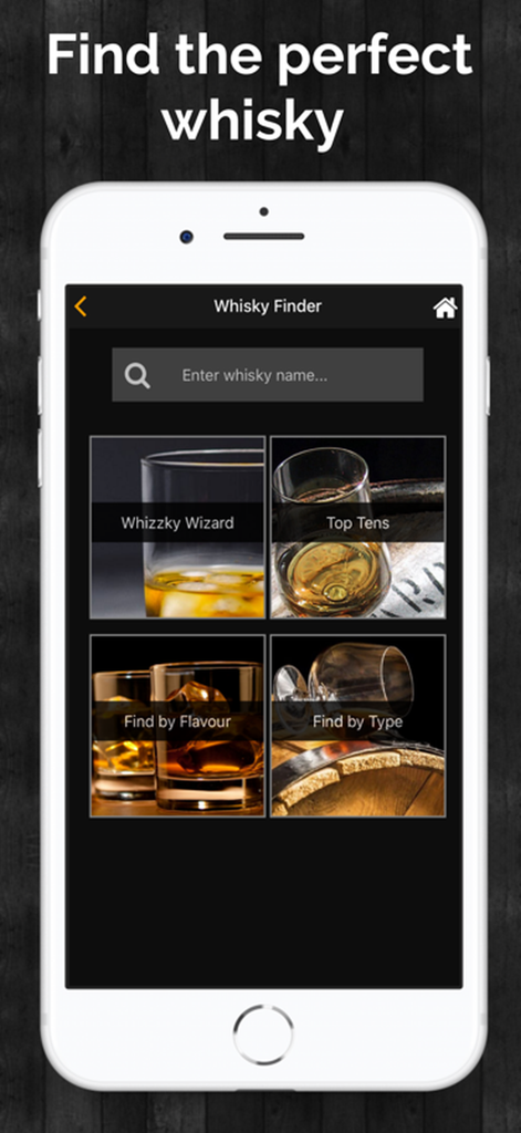 Whizzky app Whisky Finder screen displaying search options by flavour type and top tens