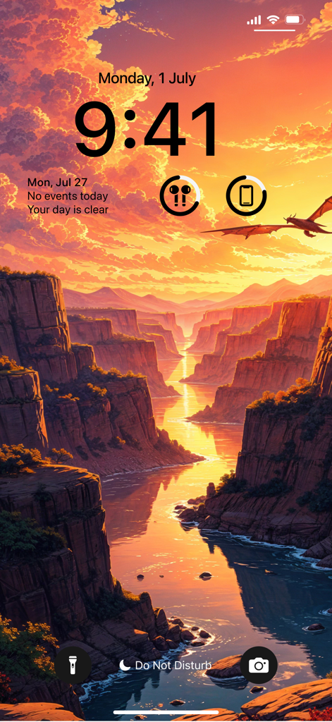 Wallpaper Maker: AI Background - Fondo de pantalla de fantasía generado por IA que muestra un dragón volando sobre un río dorado en un cañón al atardecer