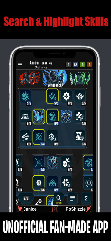 Mobile app interface showing search and highlight functionality for Amon's skill tree in Borderlands 4