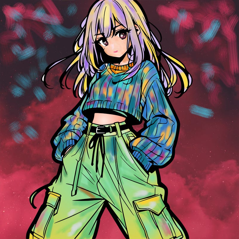anime teen girl with baggy pants and crop top with sweater